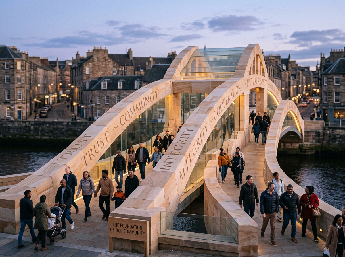 Pedestrians walking on a bridge with arches inscribed with words like trust, community, integrity, cooperation