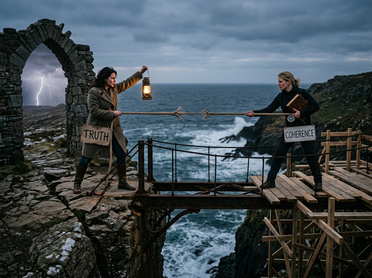 Two women on opposite sides of a broken bridge pulling on a rope, one with a 'truth' sign and lantern, the other with a 'coherence' sign
