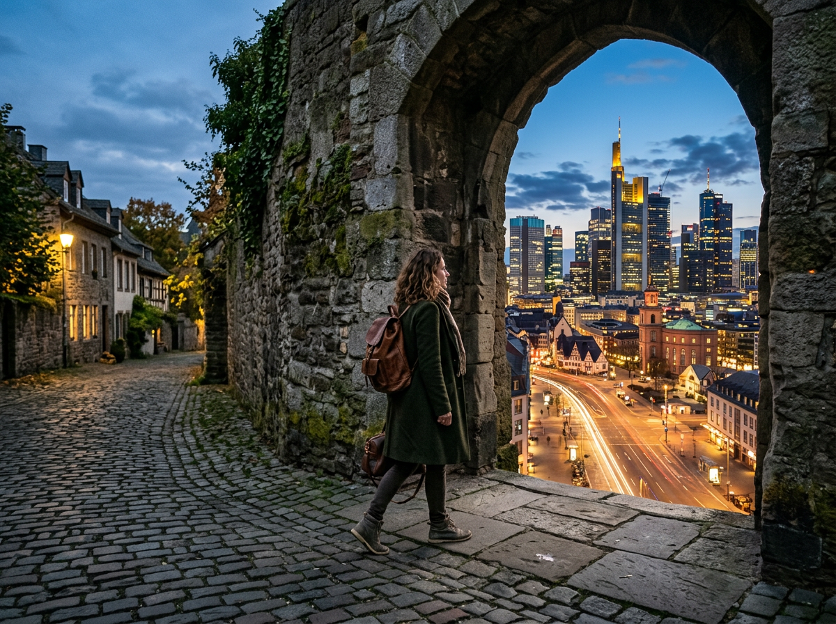 Woman standing under stone archway looking at illuminated city with skyscrapers at dusk