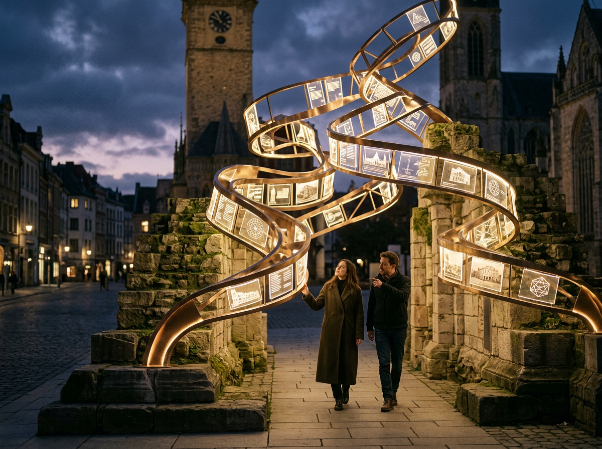 Glowing spiral metal sculpture with historical images and text over ruins, with two people walking underneath in an old town square at dusk