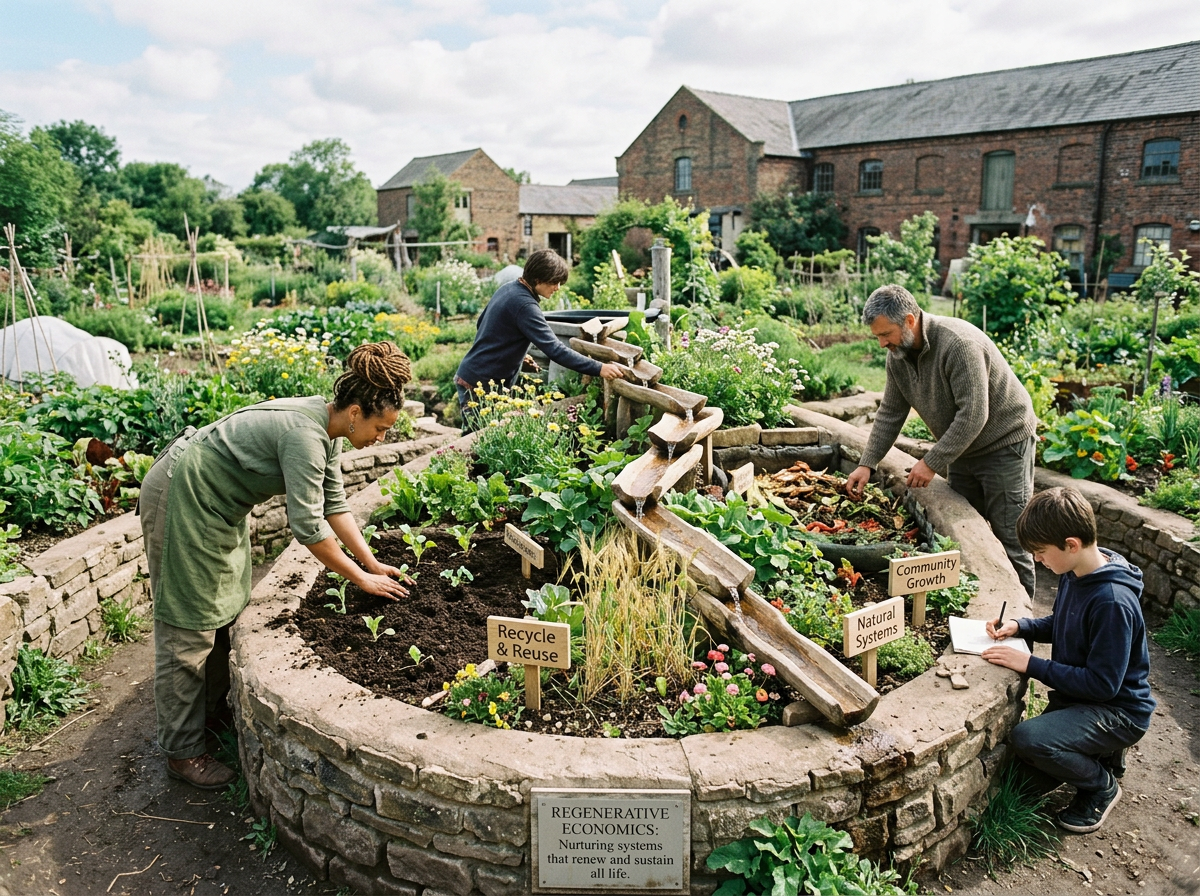 Community garden with signs for Recycle & Reuse, Natural Systems, and Community Growth