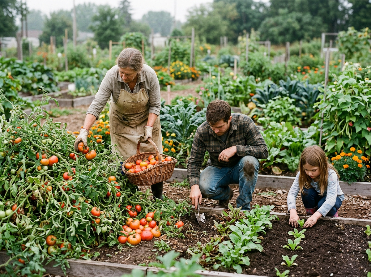 Three people harvesting tomatoes and planting in a community garden plot