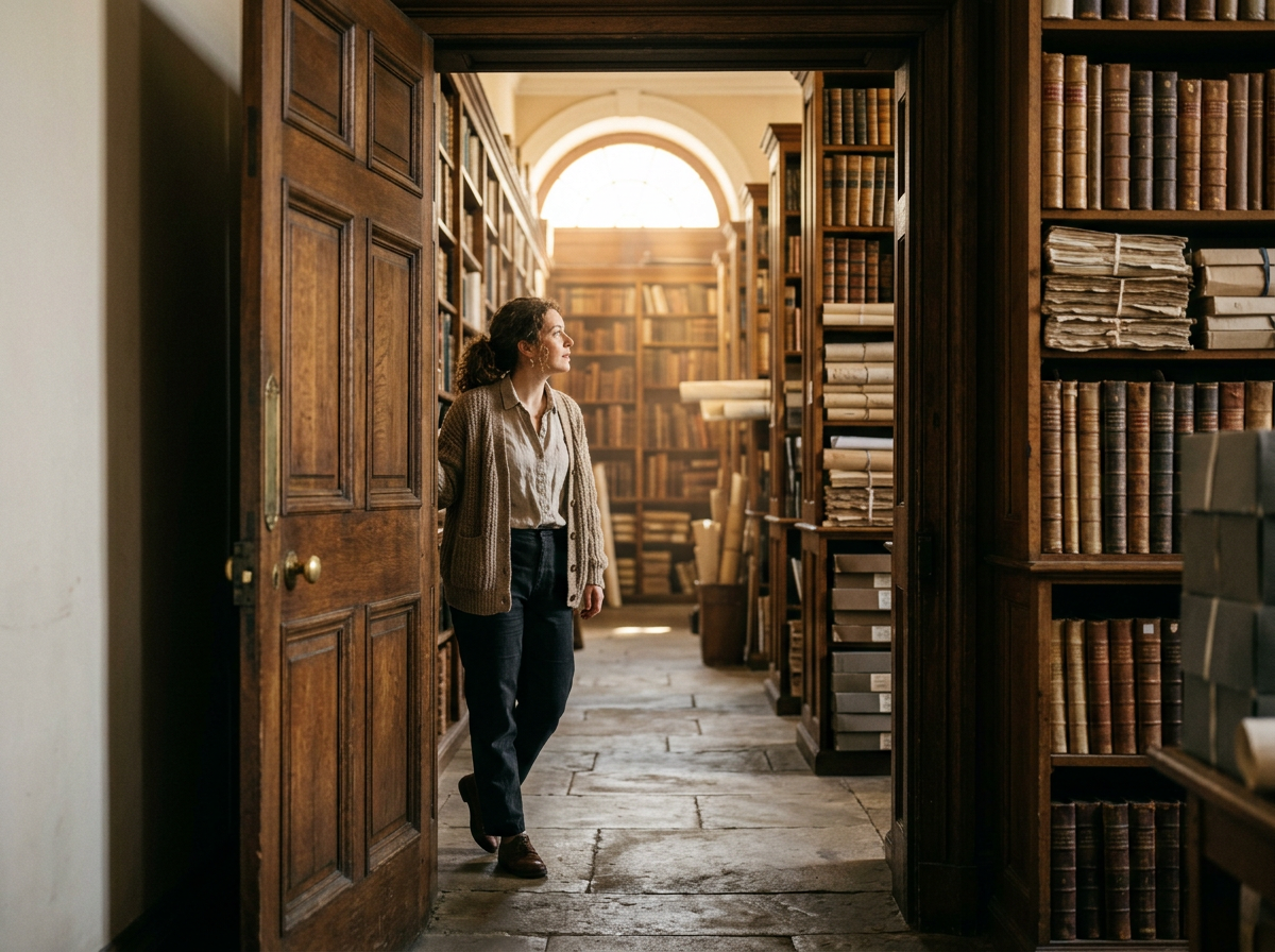 Woman holding open a wooden door in a library aisle lined with shelves of old books and documents
