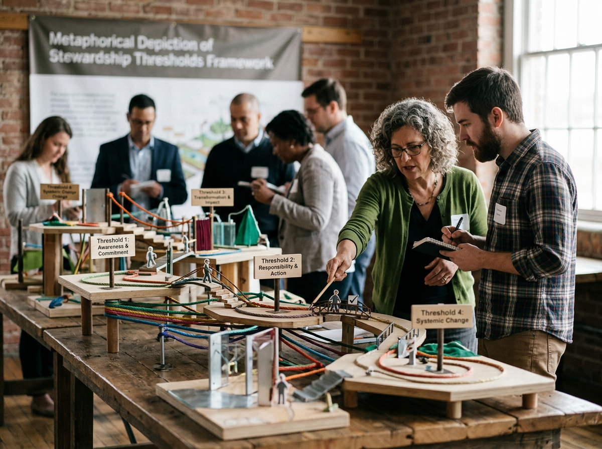 Group examining a detailed model with signs for stewardship thresholds in a workshop setting