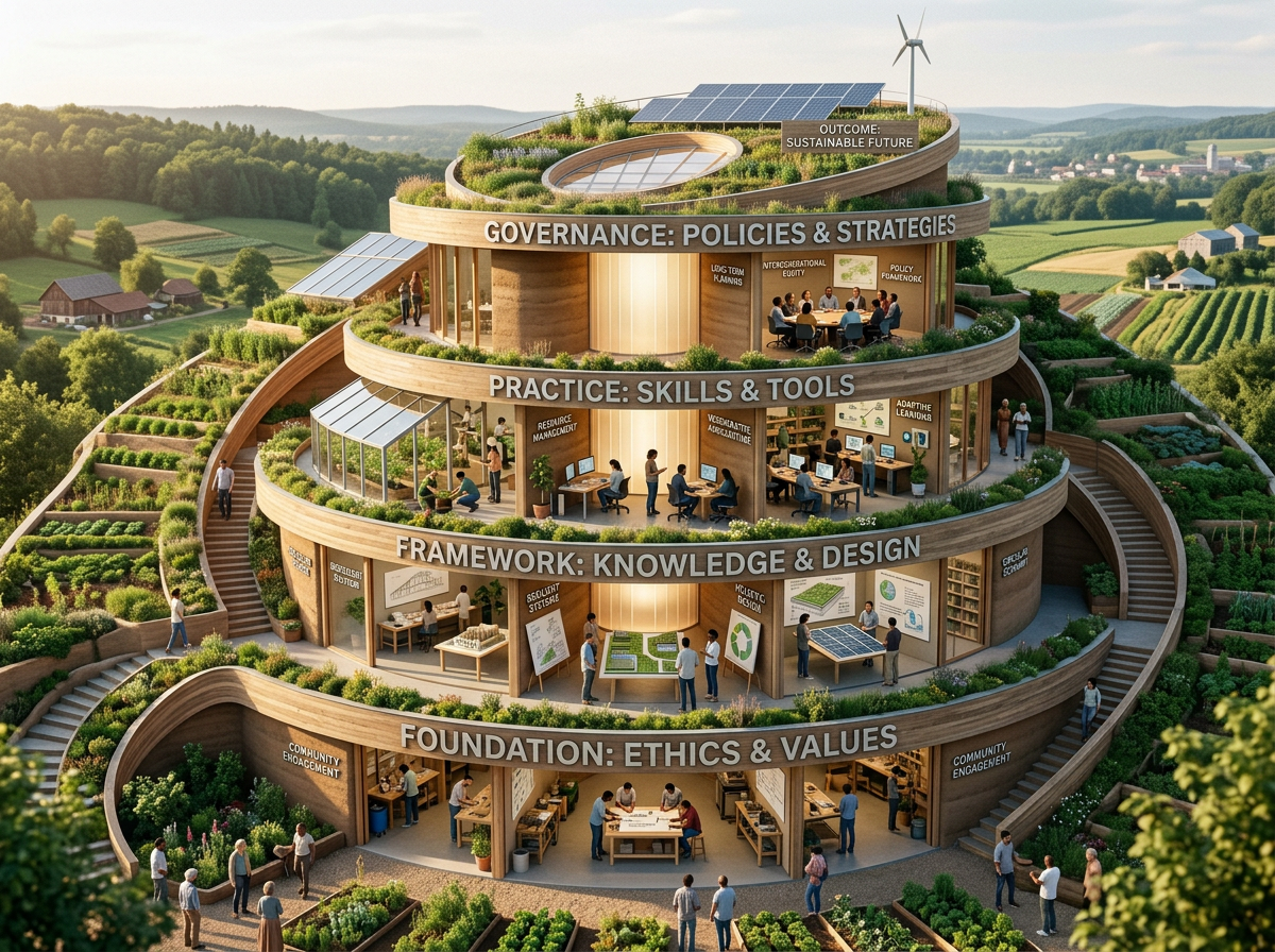 Spiral building with four labeled levels showing sustainability education and community engagement activities