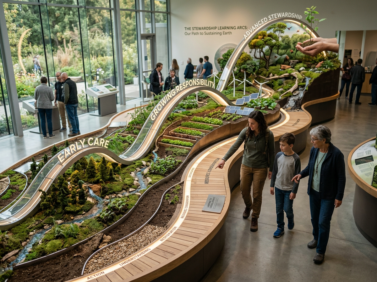 Interactive environmental stewardship exhibit with plant models and educational labels