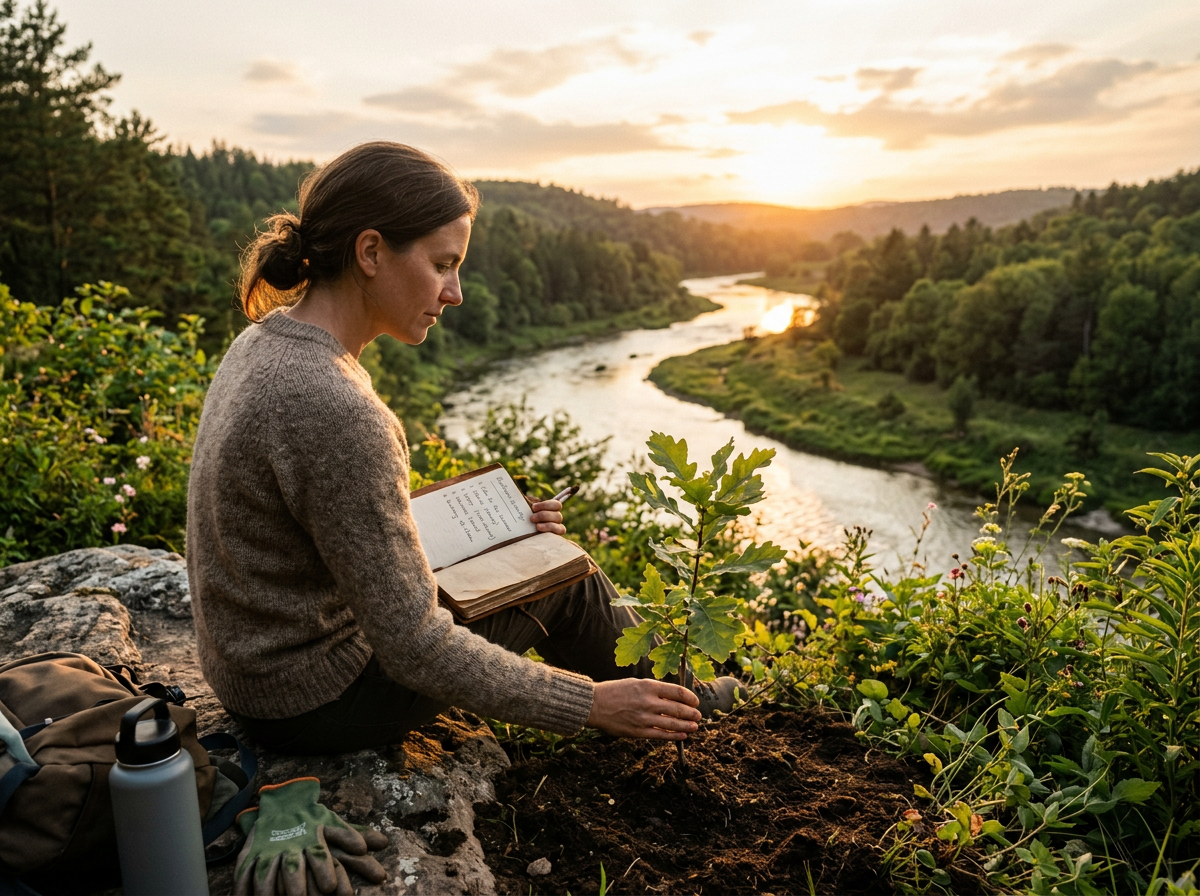 Woman planting a small tree near a riverbank with notebook in hand