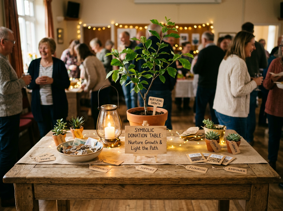Table with donation sign, potted plants, candle, coins, and community tags