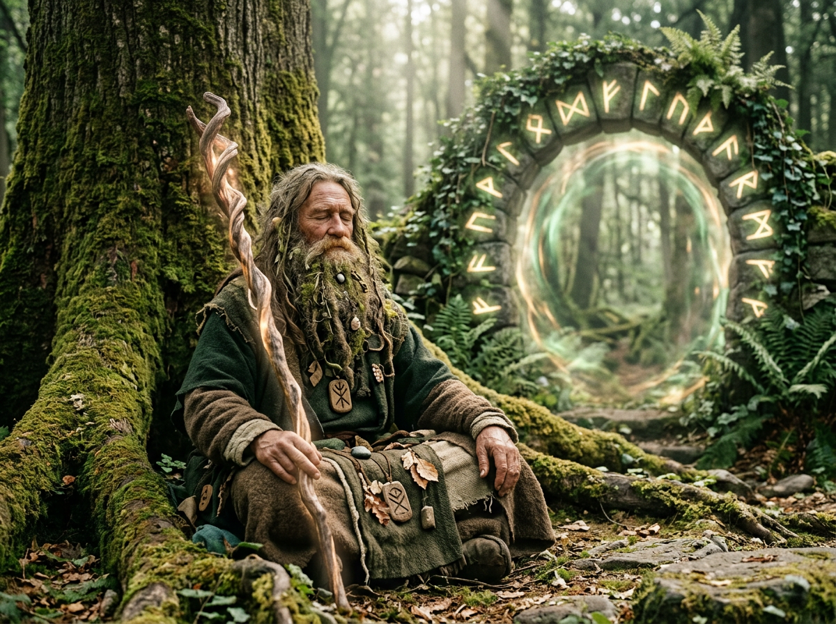 Elderly druid meditating with staff near glowing magical stone portal in forest