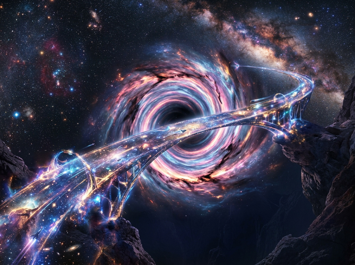 A luminous bridge made of stars and cosmic dust stretches over rocky cliffs toward a swirling black hole surrounded by colorful nebulae and stars.