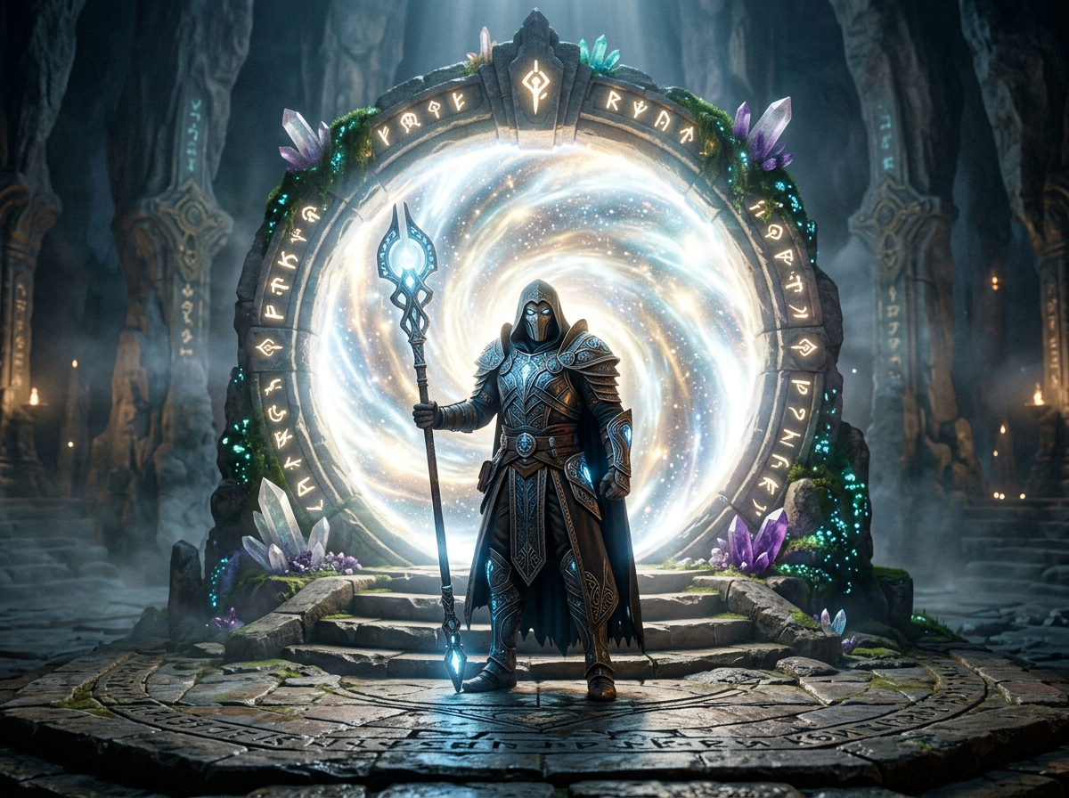 Armored mage holding a glowing staff standing in front of a large swirling magical portal with runes