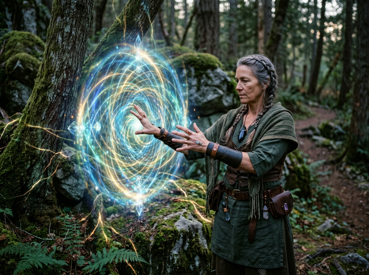 Mage woman creating glowing magic portal with hands in forest