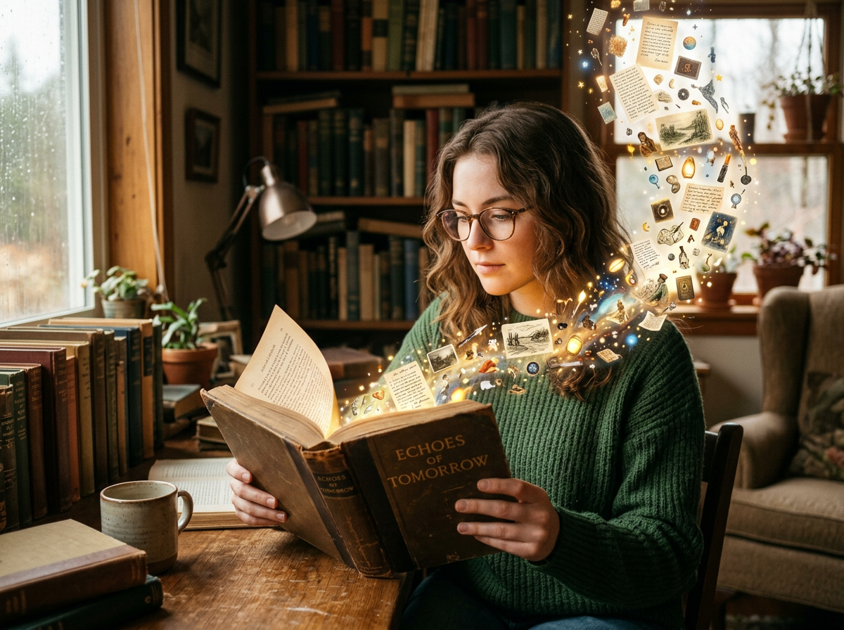 Woman reading an old book with glowing magical letters and illustrations emerging from pages