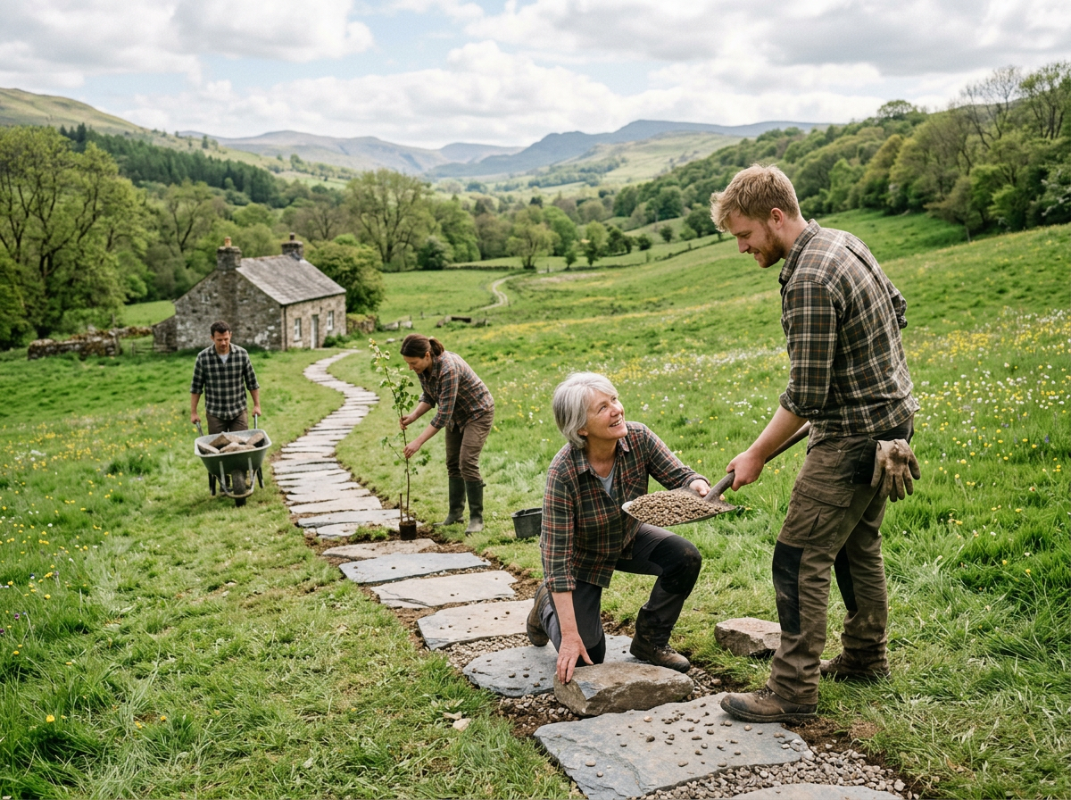 Four individuals constructing a stone pathway in a green rural landscape with hills and a stone cottage.
