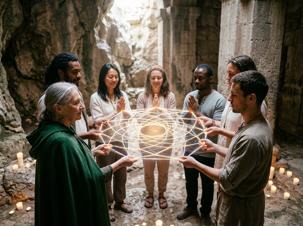 Seven people standing in a circle inside a stone cave holding glowing threads forming a geometric pattern