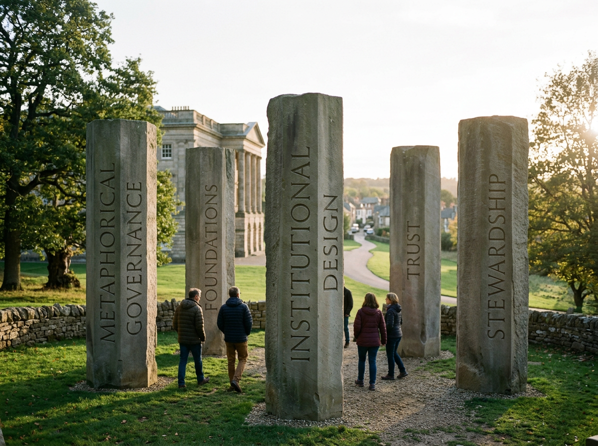 Stone pillars engraved with words Metaphorical Governance, Foundations, Institutional Design, Trust, Stewardship with people walking among them