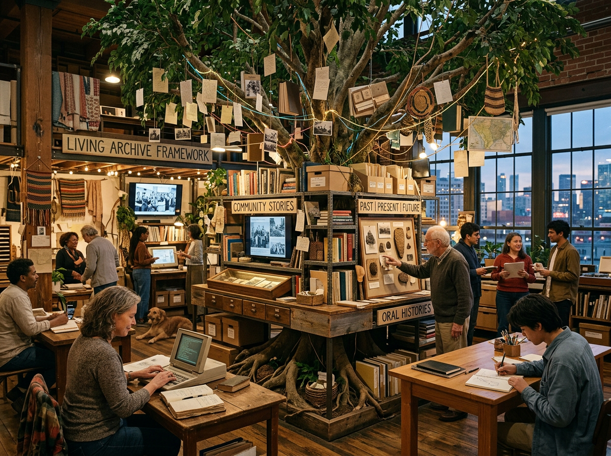 Community archive room with people reading, writing, and exploring exhibits around a tree