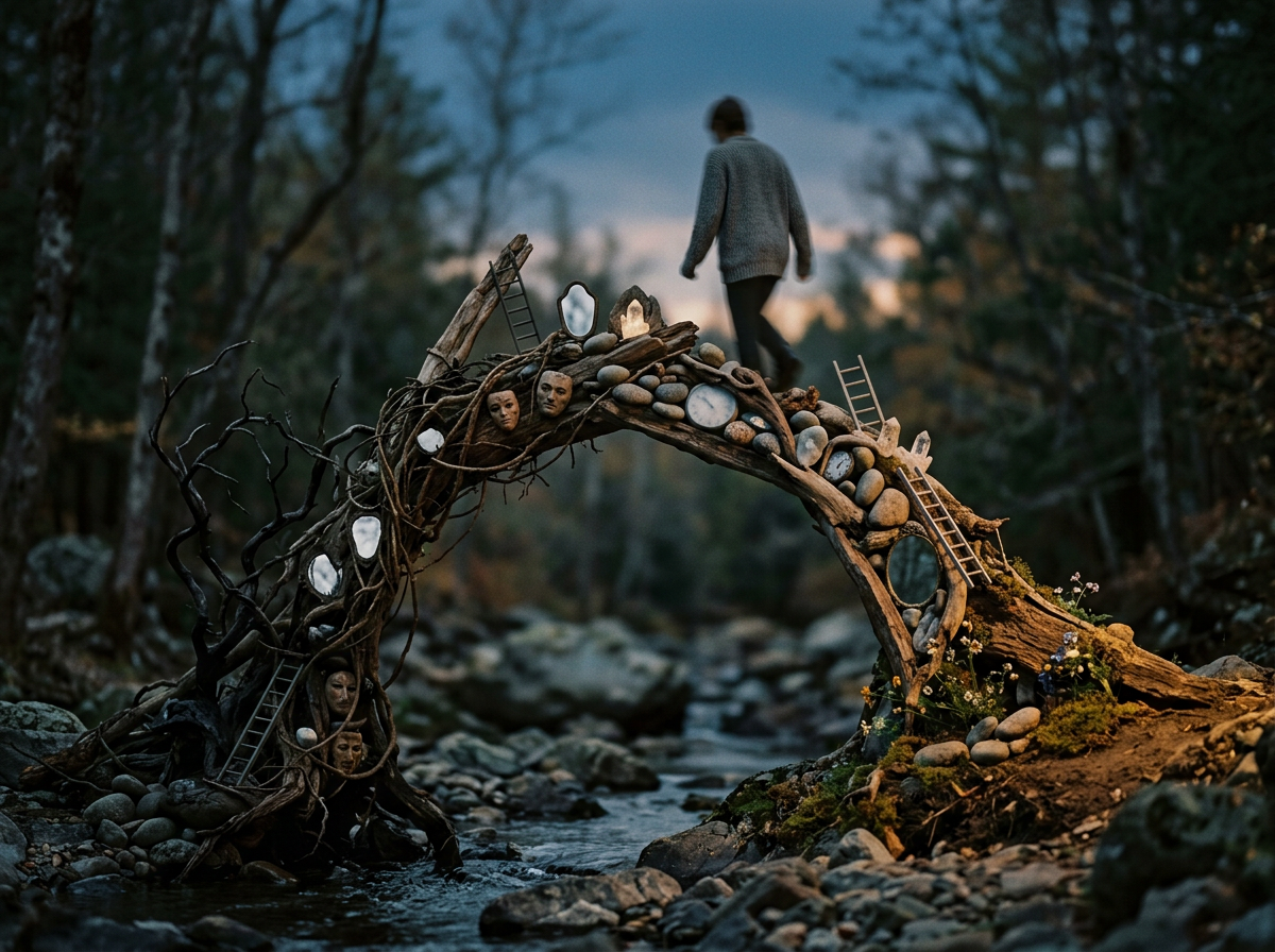 Natural arch formed by wood, stones, mirrors, and masks over a stream with person walking on it