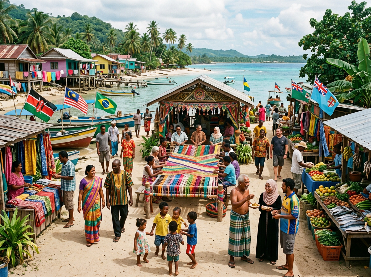 Busy coastal village market with people, colorful textiles, fresh produce, and boats on the beach