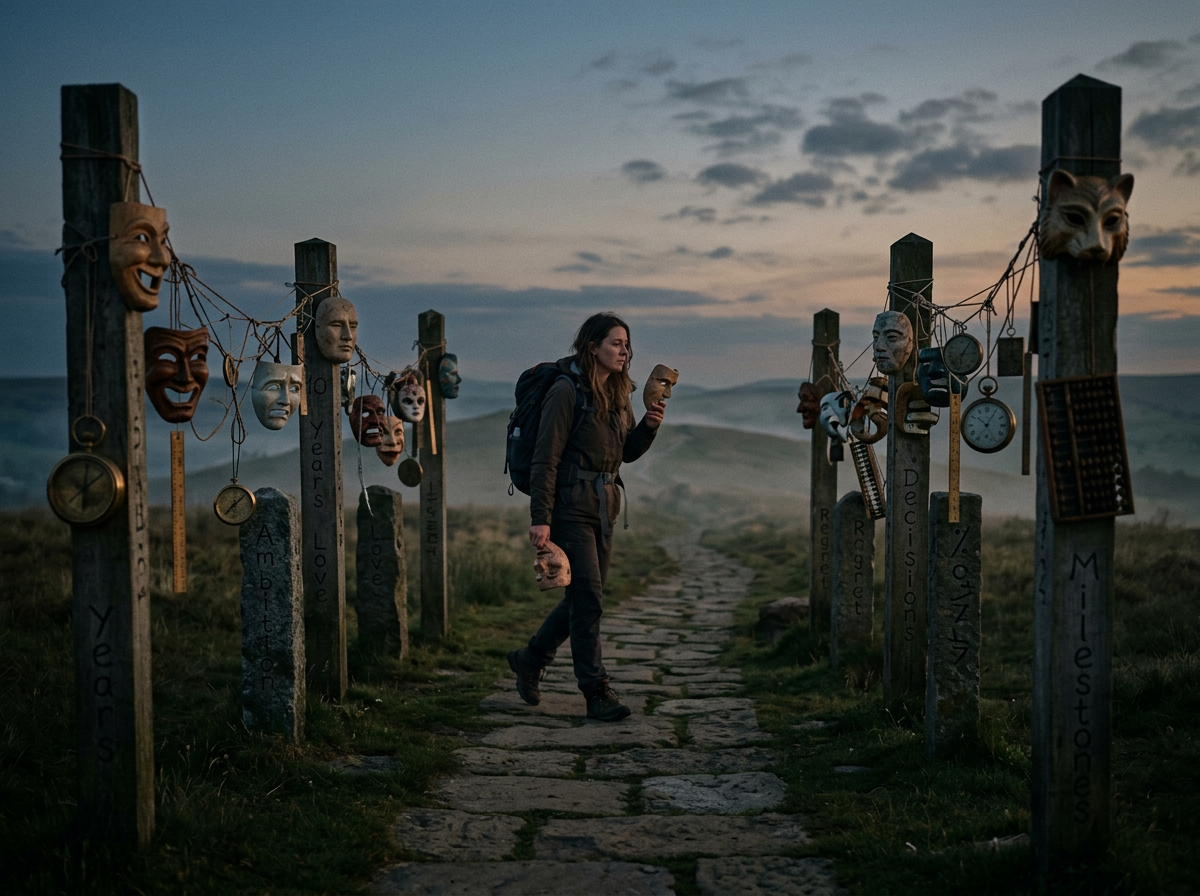 Woman walking on stone path with various masks and milestone markers on wooden posts
