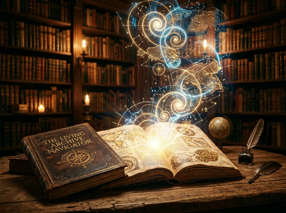 Open ancient atlas book with glowing cosmic maps and symbols floating above it