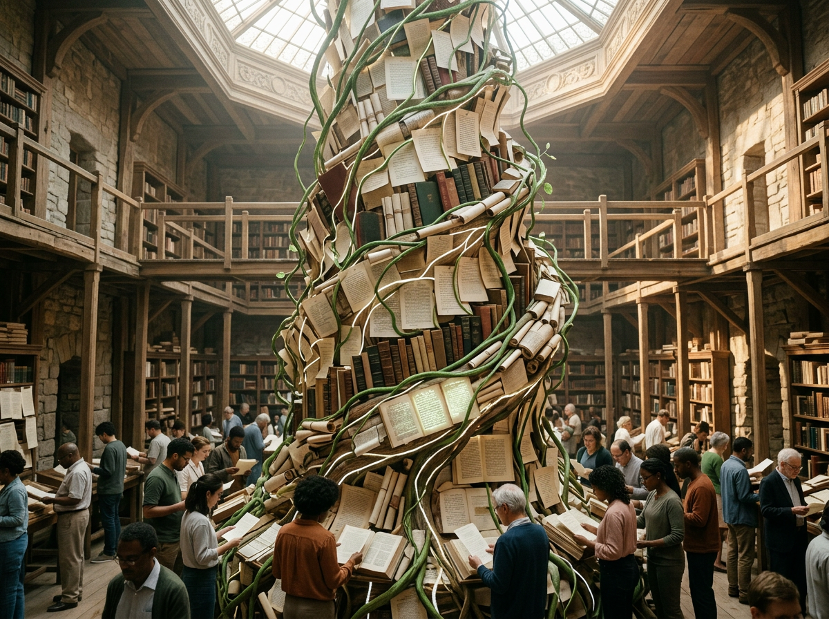 People reading books around a large spiral sculpture made of books and vines in a library