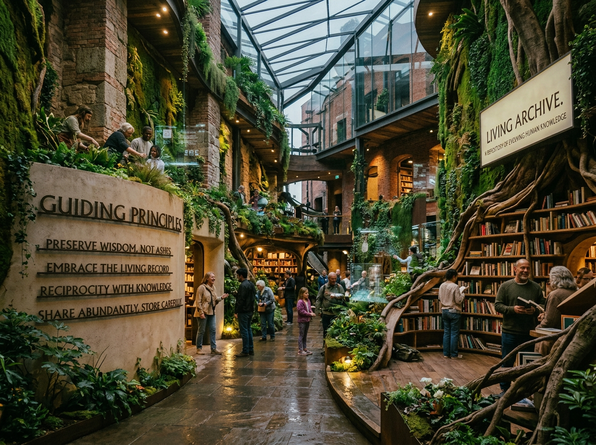 Indoor library with abundant greenery, bookshelves, and visitors