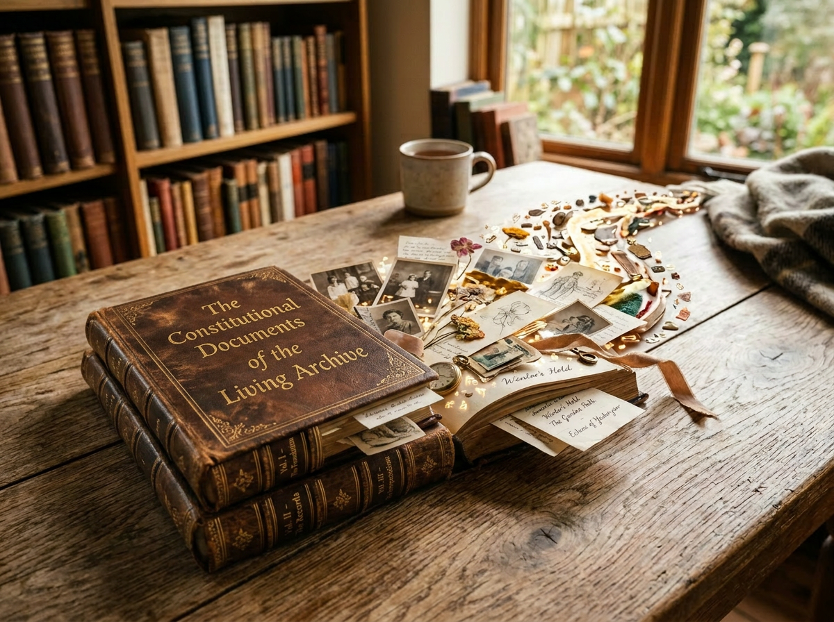 Old memory book titled 'Harvest of Memories' with photos, drawings, and trinkets emerging from open pages