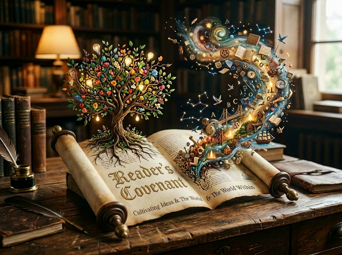 Open book with a colorful tree growing from its pages and swirling magical symbols, books, and objects