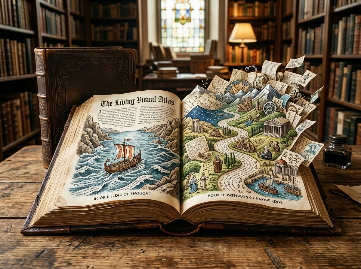 Open book with illustrated map showing a ship on water and a detailed landscape representing human knowledge