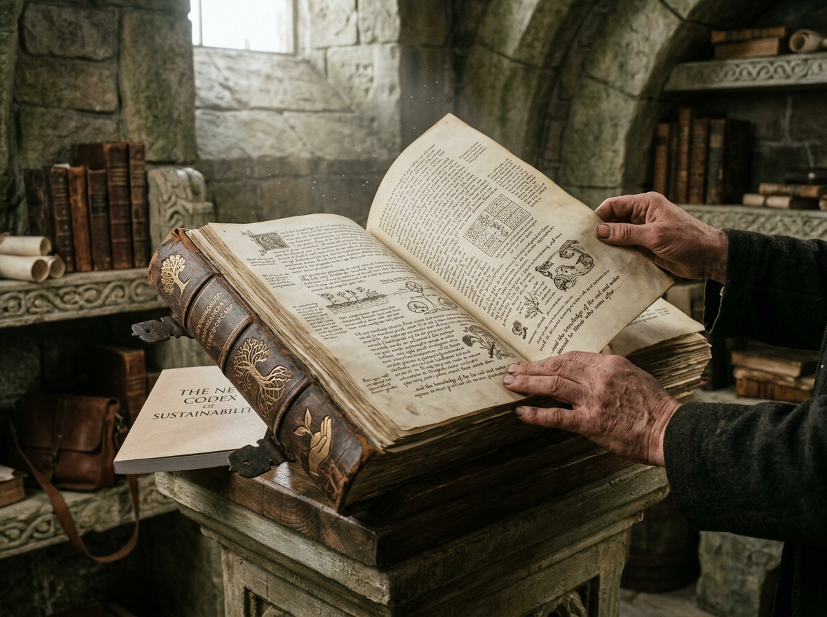 Hands turning pages of an old, large herbal manuscript with botanical illustrations in a stone library room