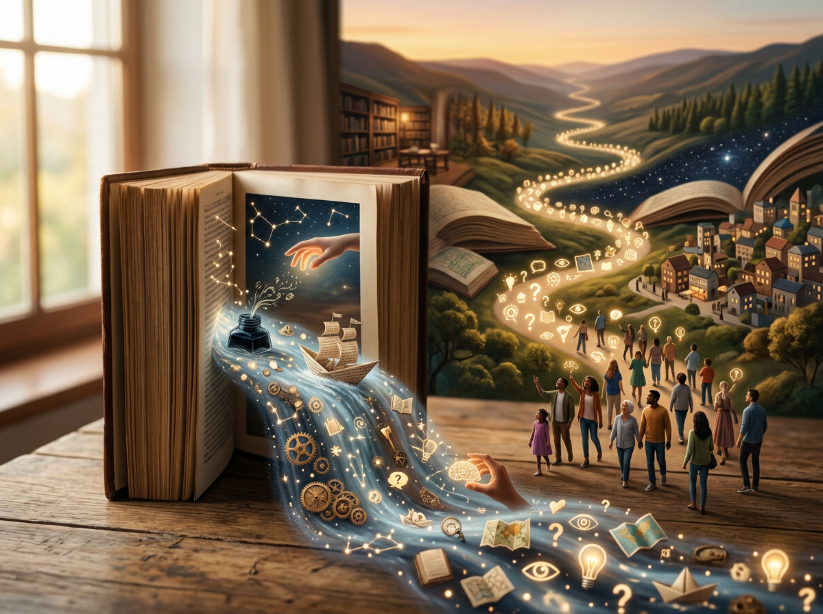 Open book with magical stream of knowledge flowing toward people and a village