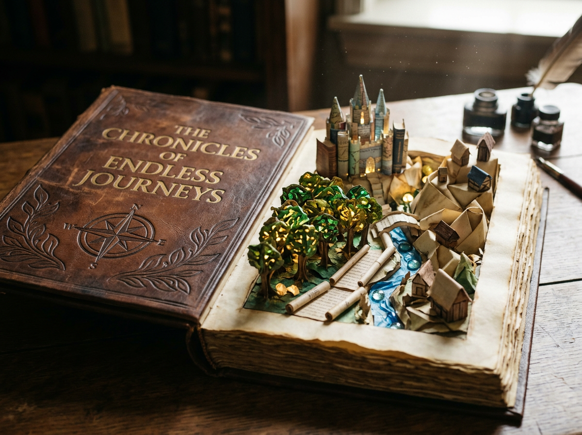Open pop-up book with a miniature fantasy village, river, and castle