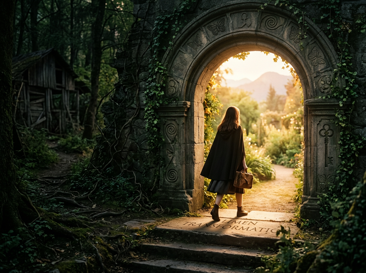 Woman in cloak carrying bag walking through ivy-covered stone archway towards sunlit garden path