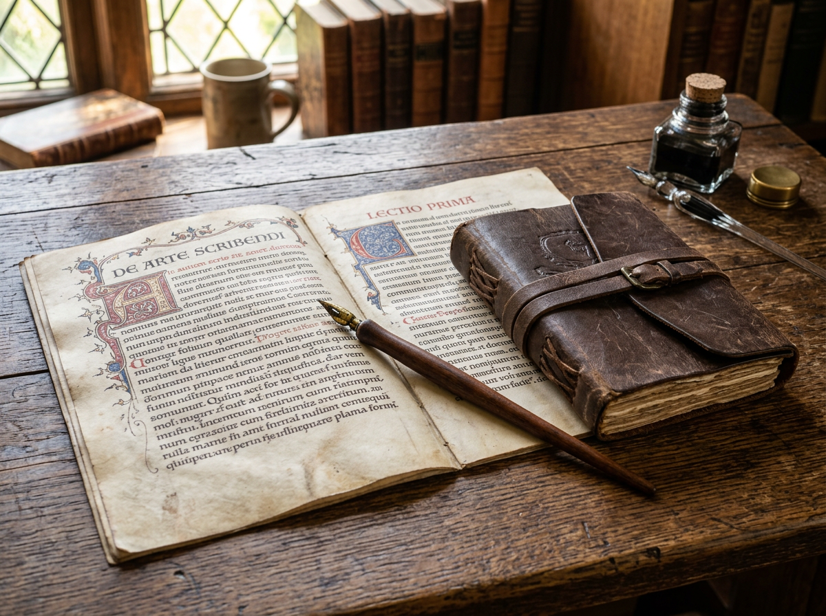 Open medieval manuscript titled 'De Arte Scribendi' with quill pen and leather-bound notebook