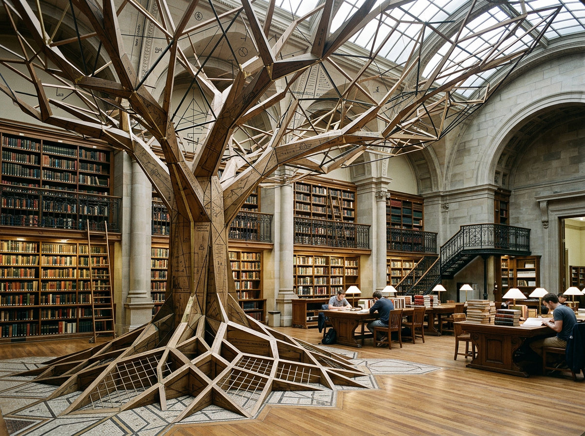 Large wooden geometric tree structure with library bookshelves and students studying at tables