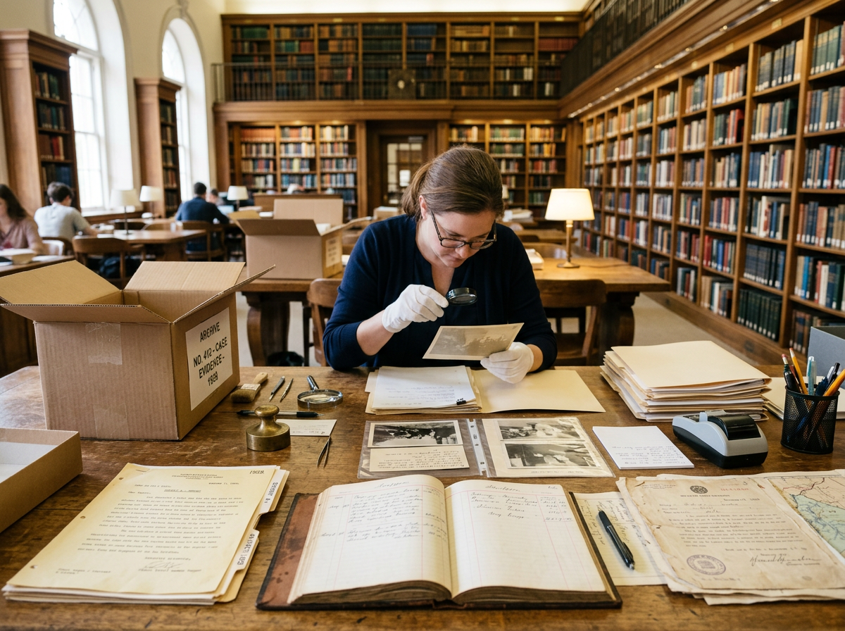 Researcher wearing gloves inspecting a photograph with archival documents spread on a wooden table in a large library