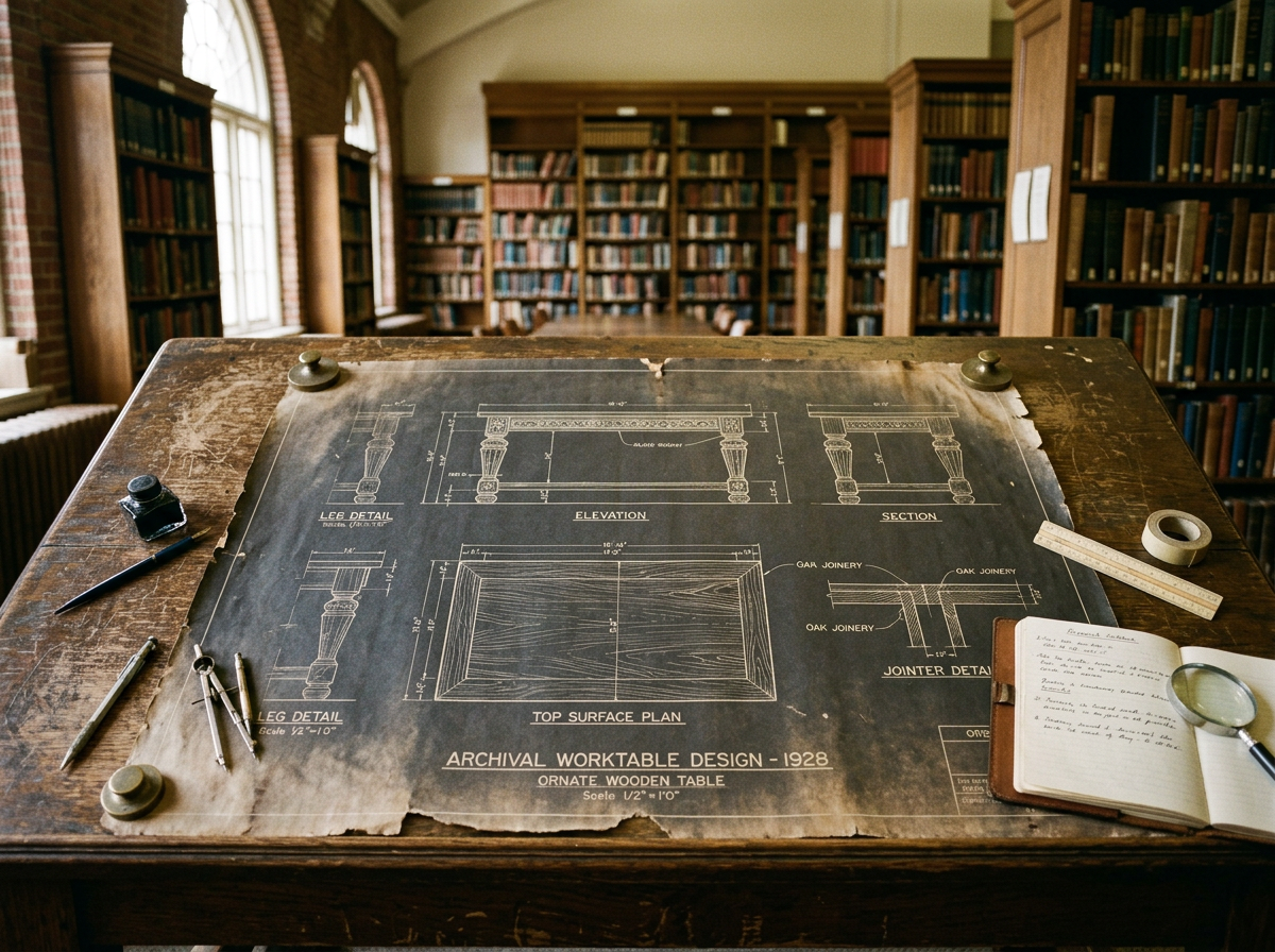 Blueprint of a 1928 ornate wooden table design on a wooden drafting table in a library
