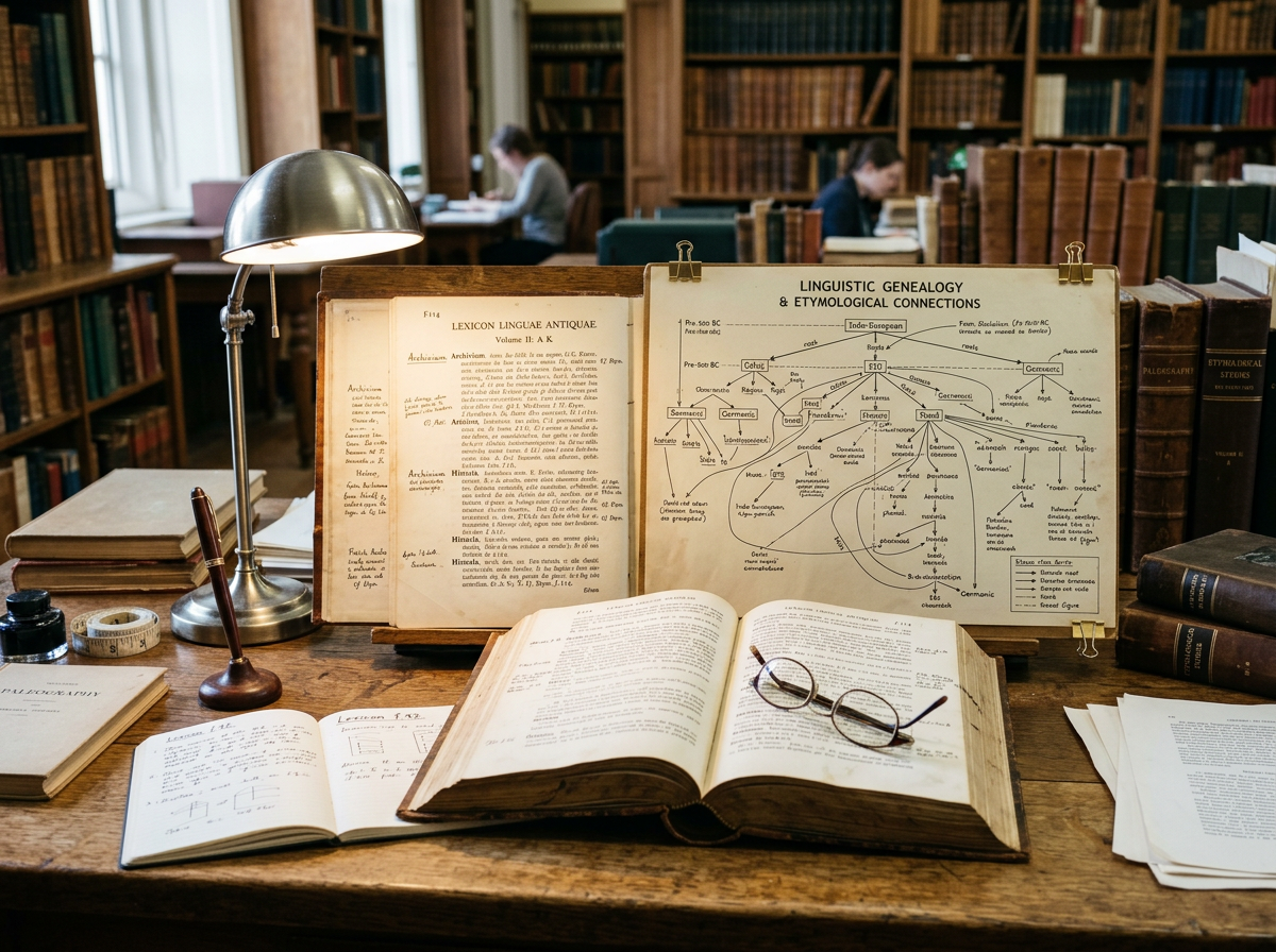 Open books, linguistic chart, and reading glasses on library desk
