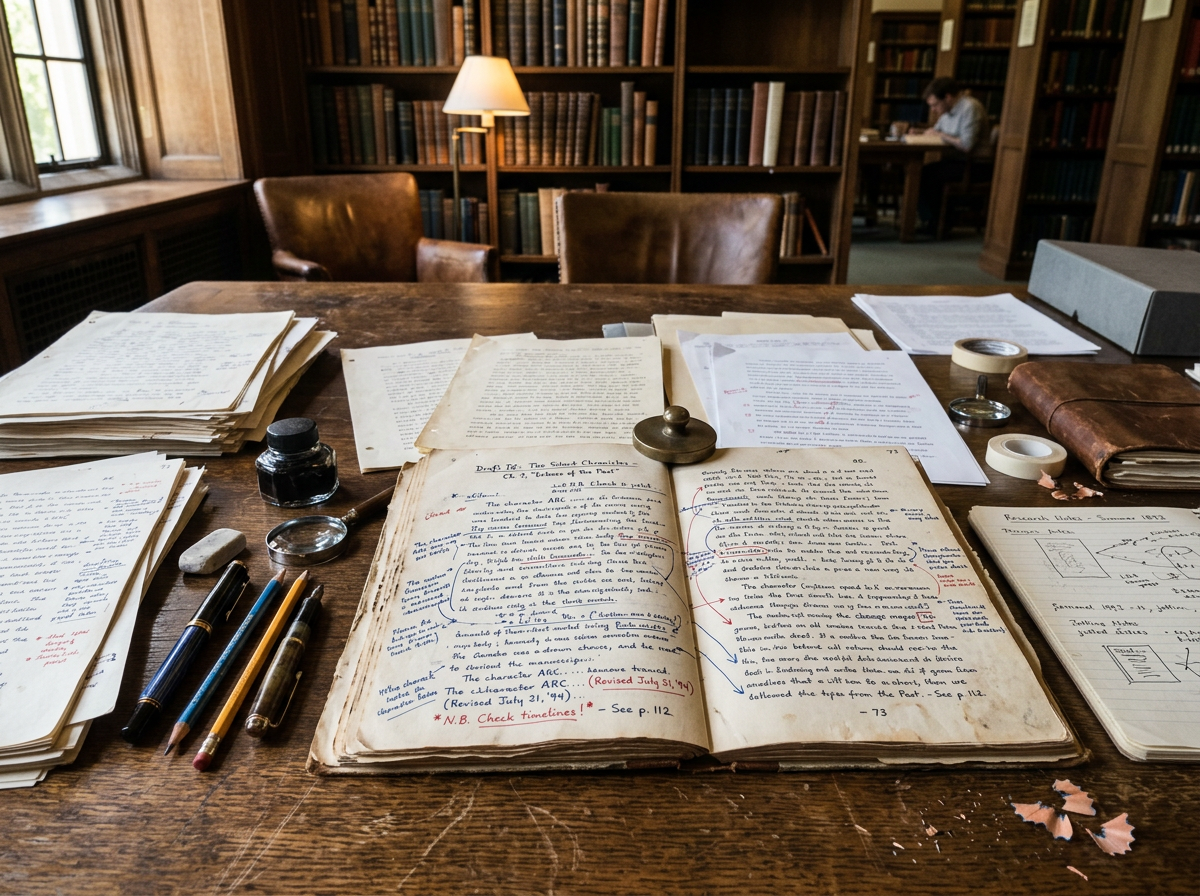 Open old manuscript with handwritten notes and annotations on a wooden table surrounded by papers and writing tools