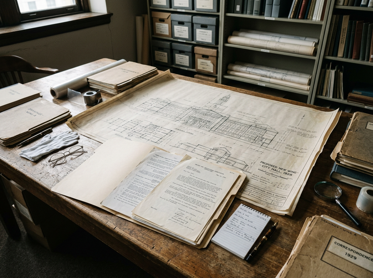 Architectural blueprint for proposed city hall wing from 1928 with old documents and notebooks on a wooden table