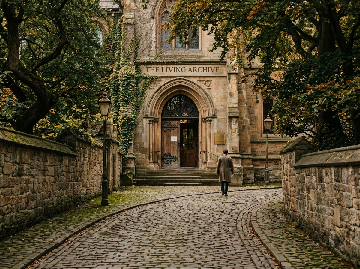 Stone building entrance labeled Timeless Archive with a person walking on cobblestone path