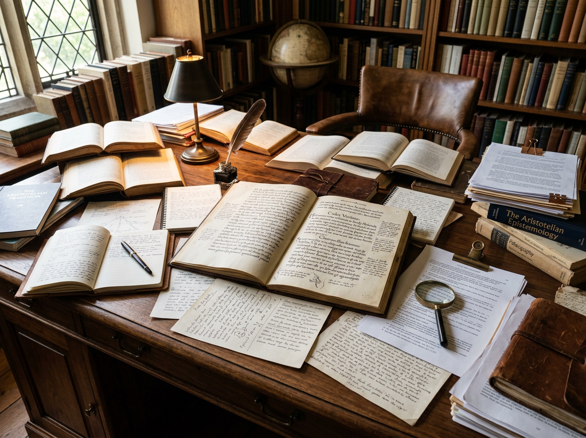 Workspace with open old books, handwritten notes, magnifying glass, and lamp on wooden desk