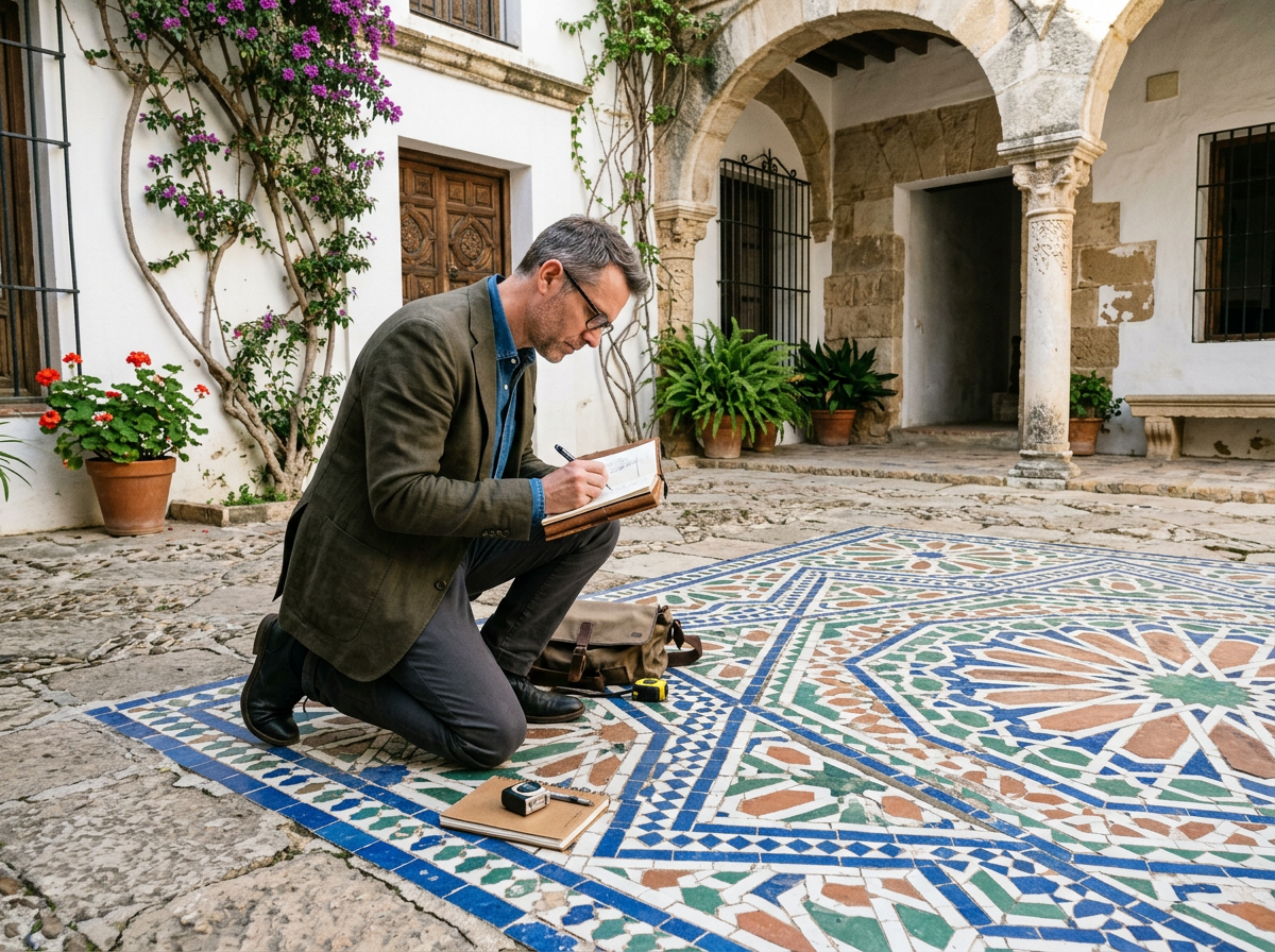 Man kneeling and sketching colorful geometric tiled courtyard patterns