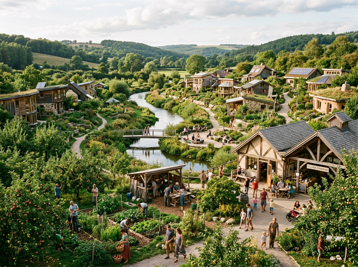 Eco village with sustainable houses, gardens, and people gathering outdoors