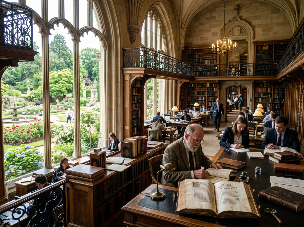 Interior of a historic library with large arched windows showing a garden, people reading and studying at wooden tables