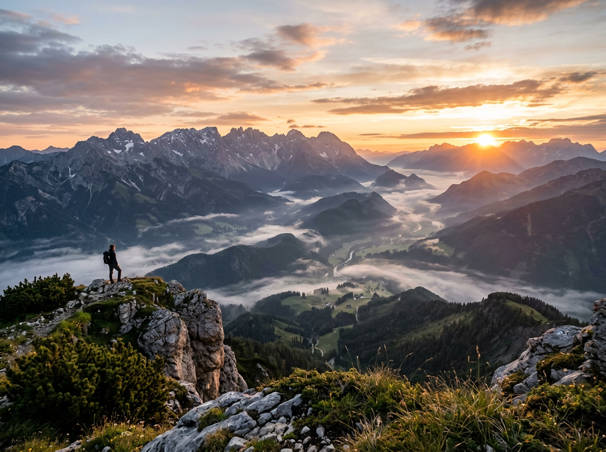Hiker standing on rocky outcrop overlooking misty valley and mountain range at sunrise