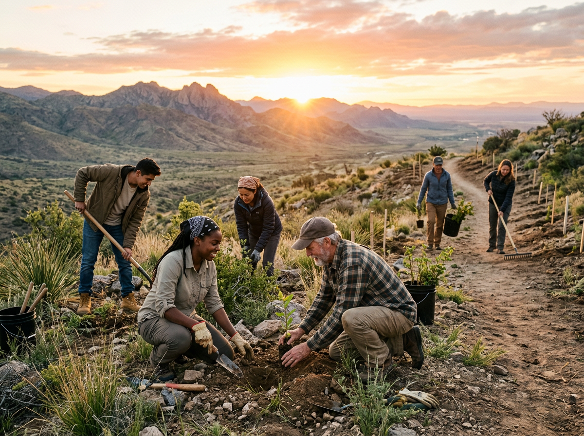 Group of people planting trees on a hillside at sunset with mountains in the background