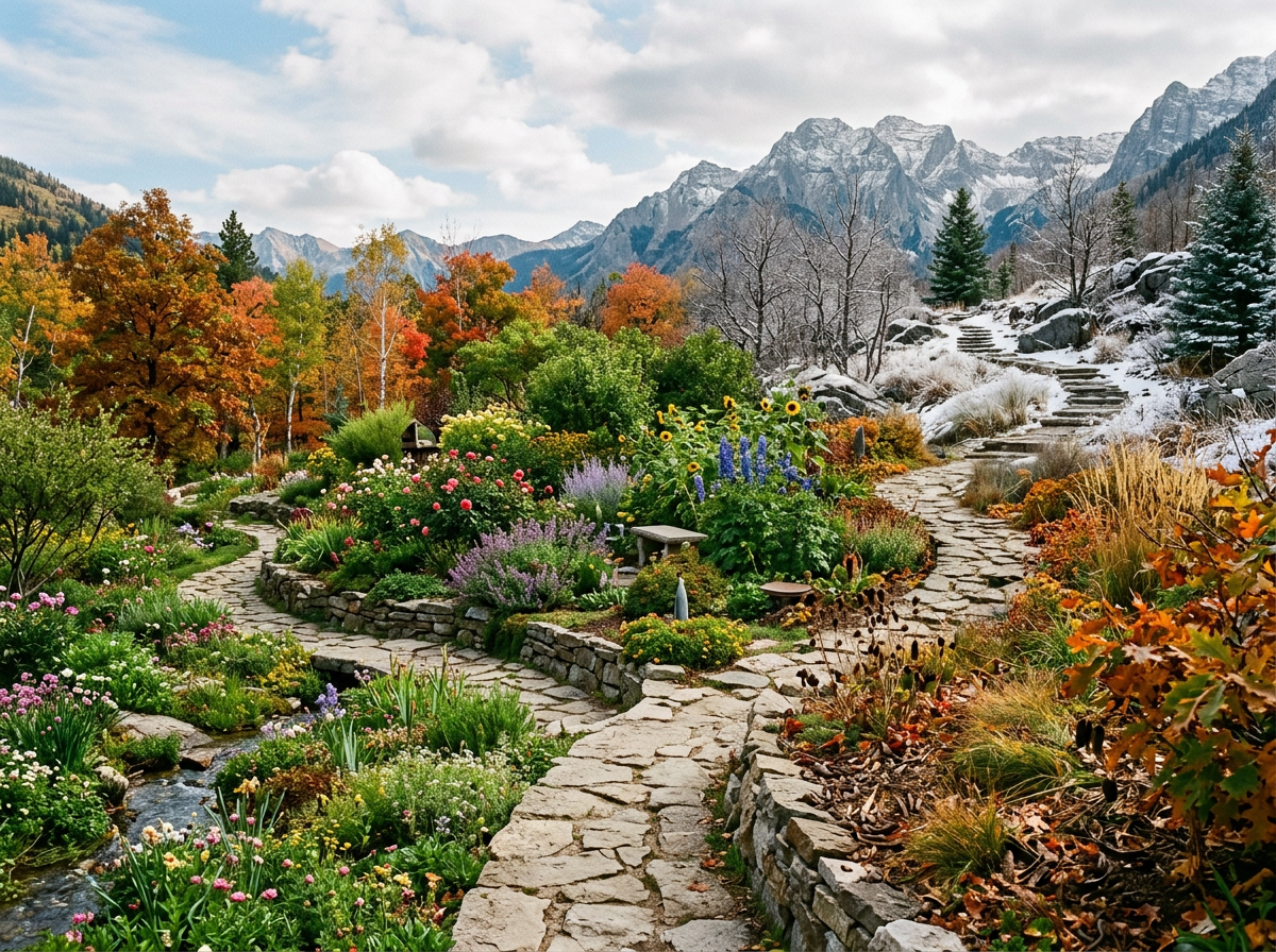 Stone garden paths winding through colorful flowers and autumn trees with snow-dusted mountains