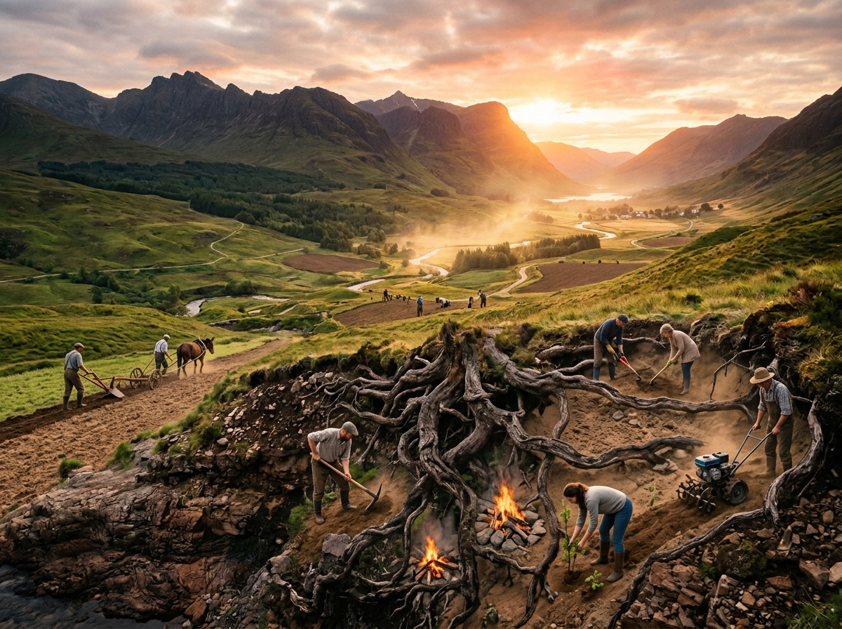 Sunset over a green valley with winding river and exposed tree roots in foreground